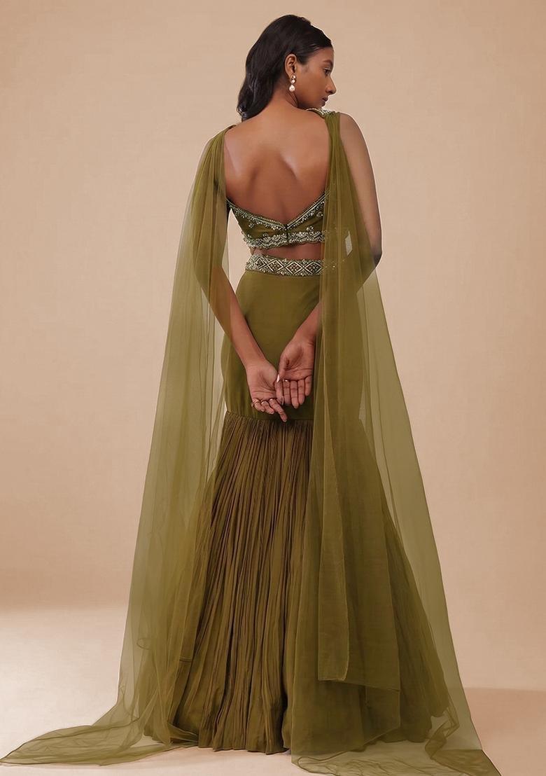 Olive Green Handwork Crepe Lehenga Set - Indya