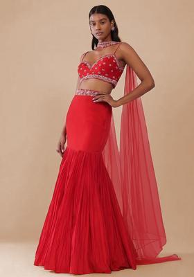 Red Handwork Crepe Lehenga Set