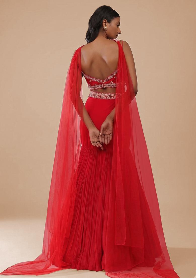 Red Handwork Crepe Lehenga Set - Indya