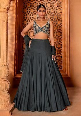 Dark Grey Handwork Crepe Lehenga Set