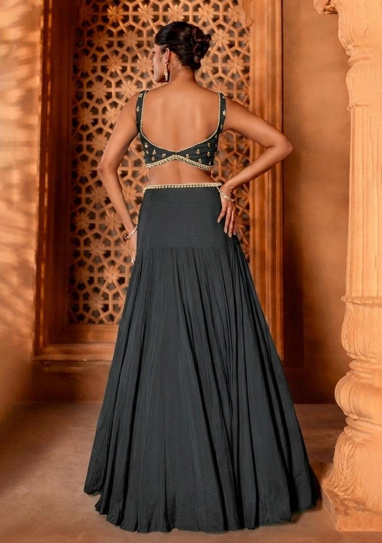 Dark Grey Handwork Crepe Lehenga Set - Indya