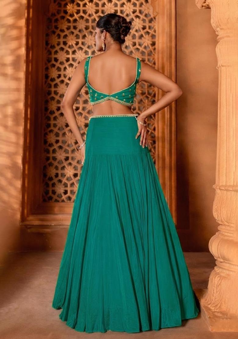 Emerald Green Handwork Crepe Lehenga Set - Indya