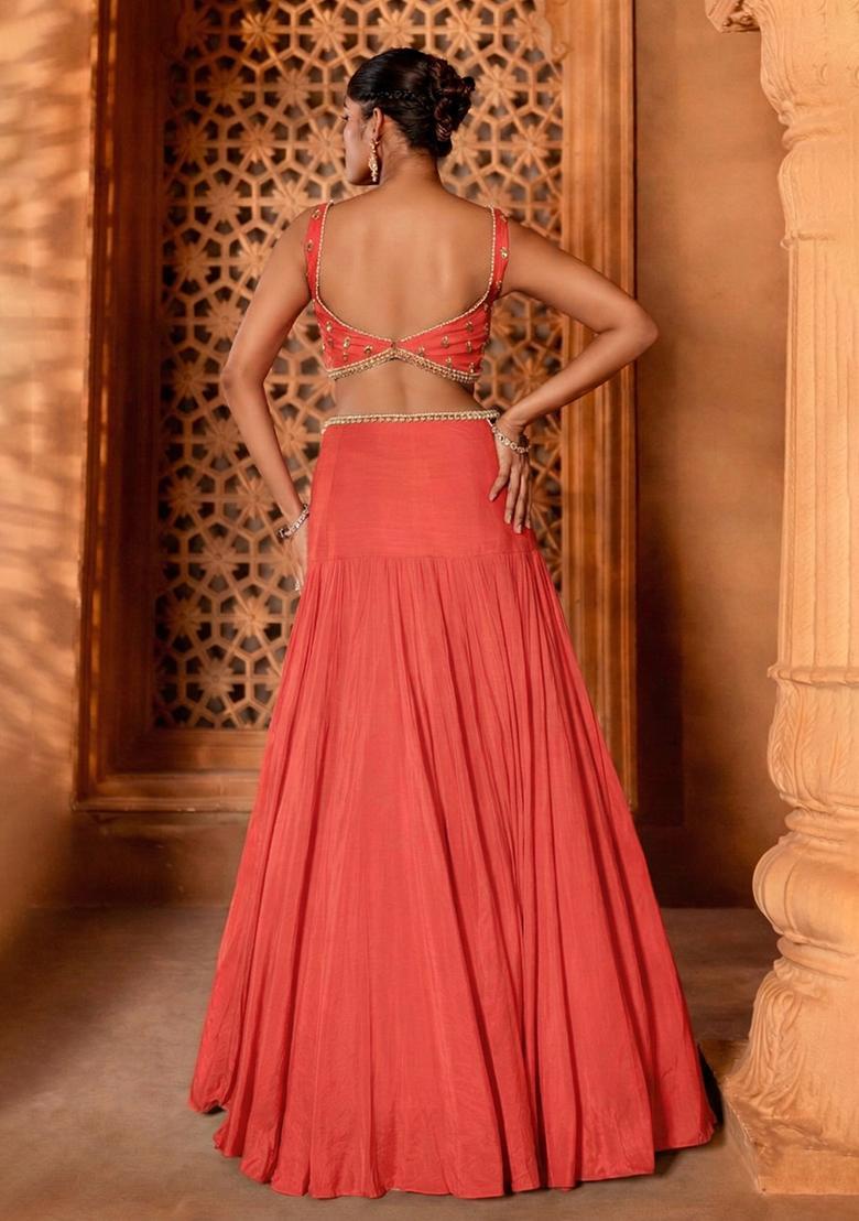 Coral Handwork Crepe Lehenga Set - Indya