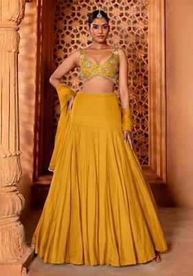 Mustard Handwork Crepe Lehenga Set