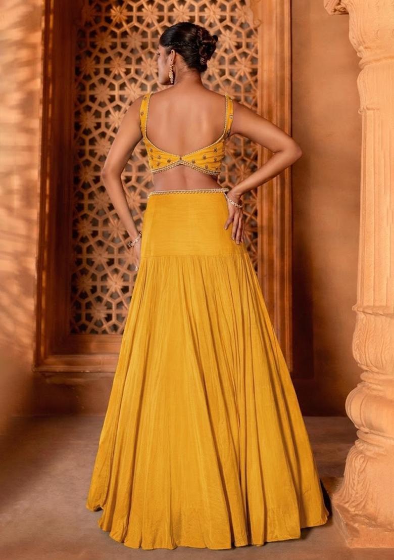 Mustard Handwork Crepe Lehenga Set - Indya