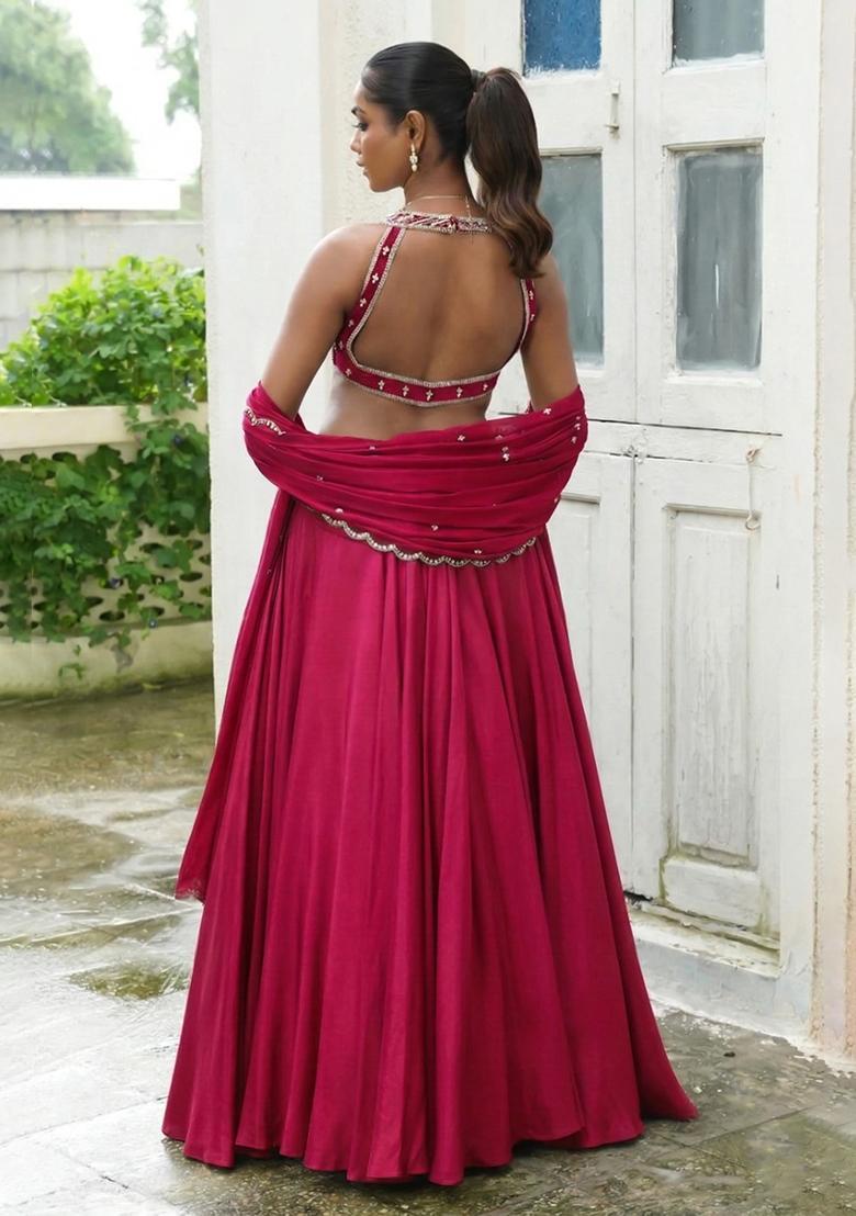 Rani Pink Handwork Crepe Lehenga Set - Indya