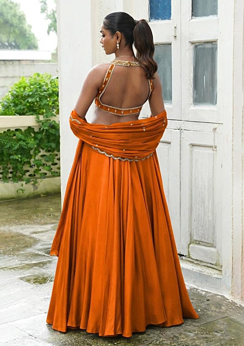Rust Handwork Crepe Lehenga Set - Indya
