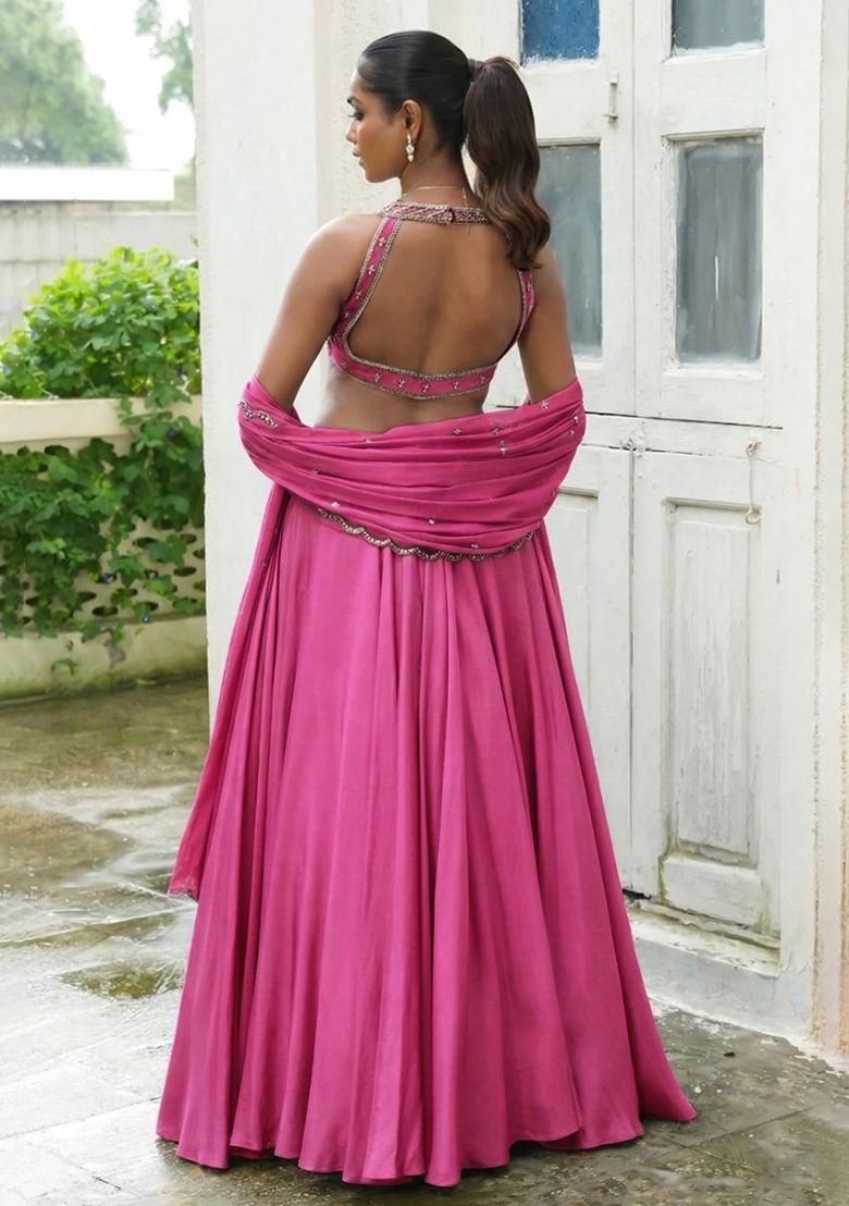 Blush Pink Handwork Crepe Lehenga Set - Indya