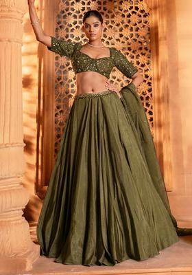 Olive Green Handwork Crepe Lehenga Set