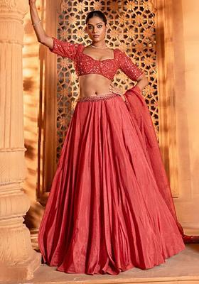 Peach Handwork Crepe Lehenga Set