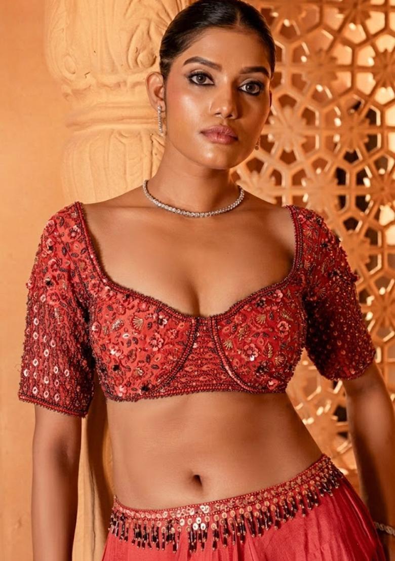 Peach Handwork Crepe Lehenga Set - Indya