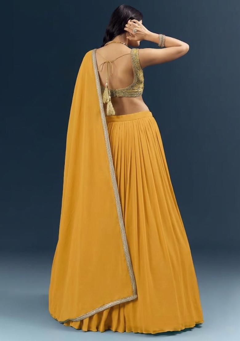 Mustard Handwork Crepe Lehenga Set - Indya