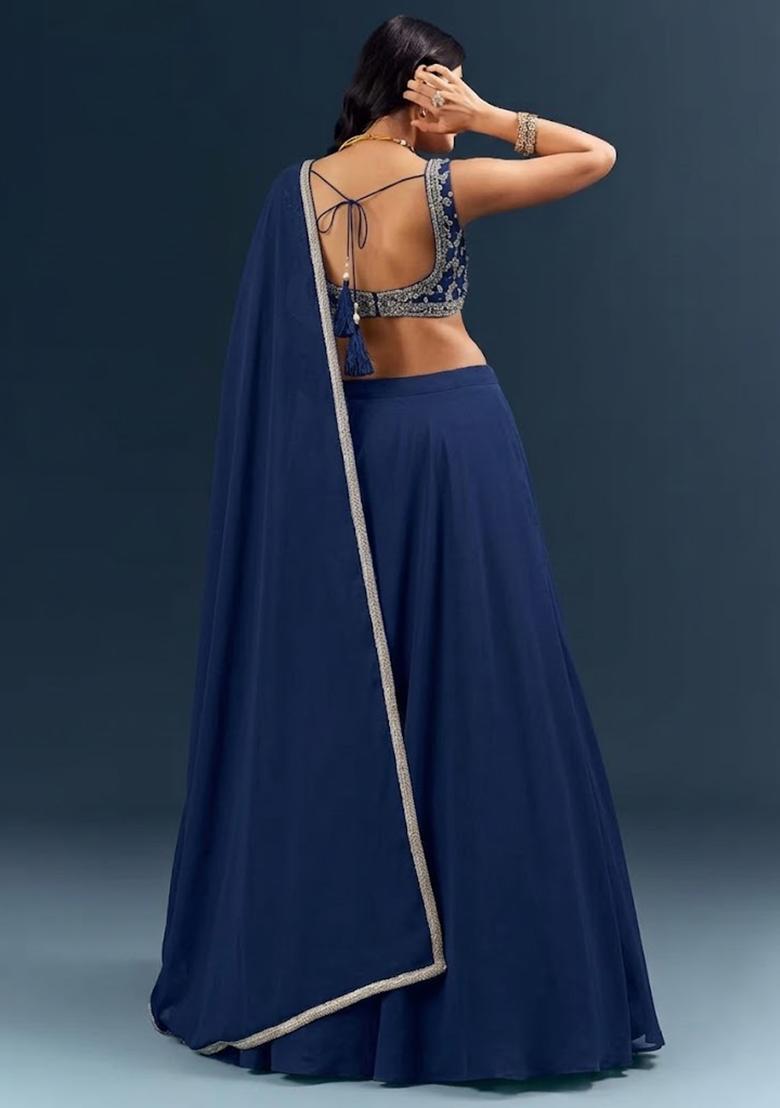Navy Blue Handwork Crepe Lehenga Set - Indya