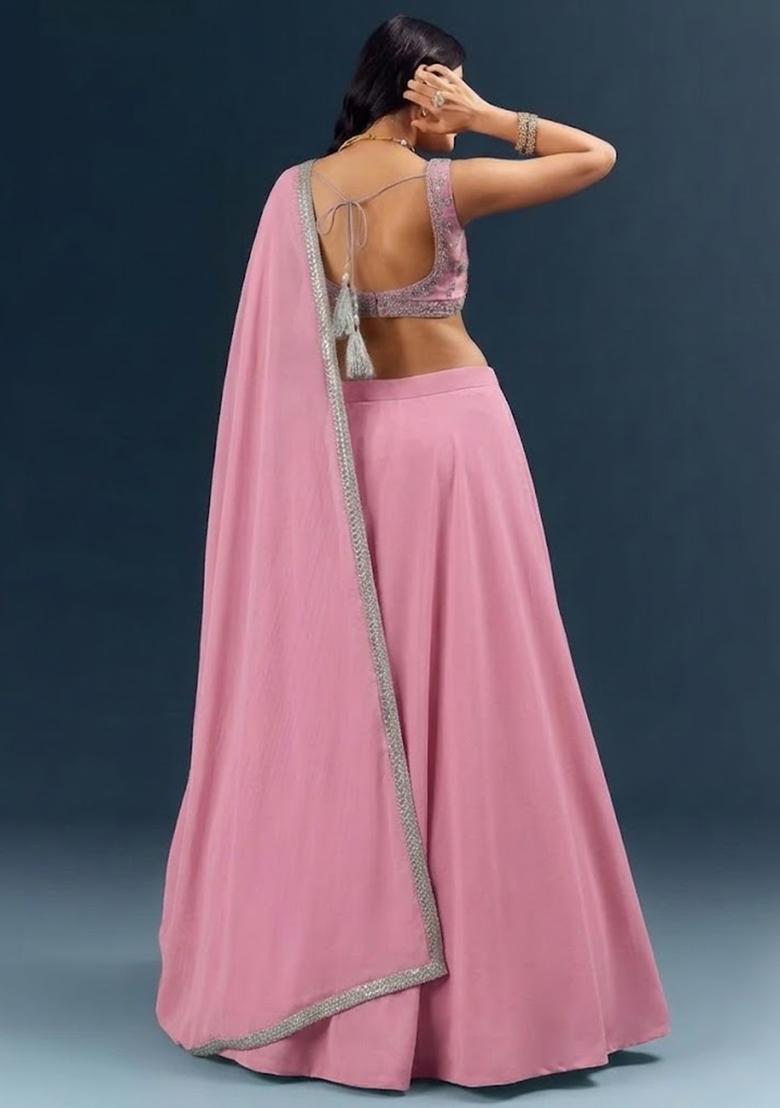 Baby Pink Handwork Crepe Lehenga Set - Indya