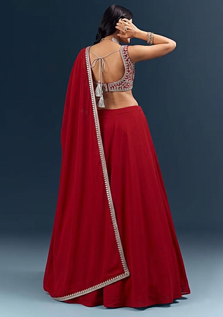 Red Handwork Crepe Lehenga Set - Indya