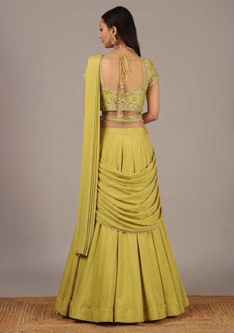 Pastel Yellow Handwork Crepe Lehenga Set - Indya