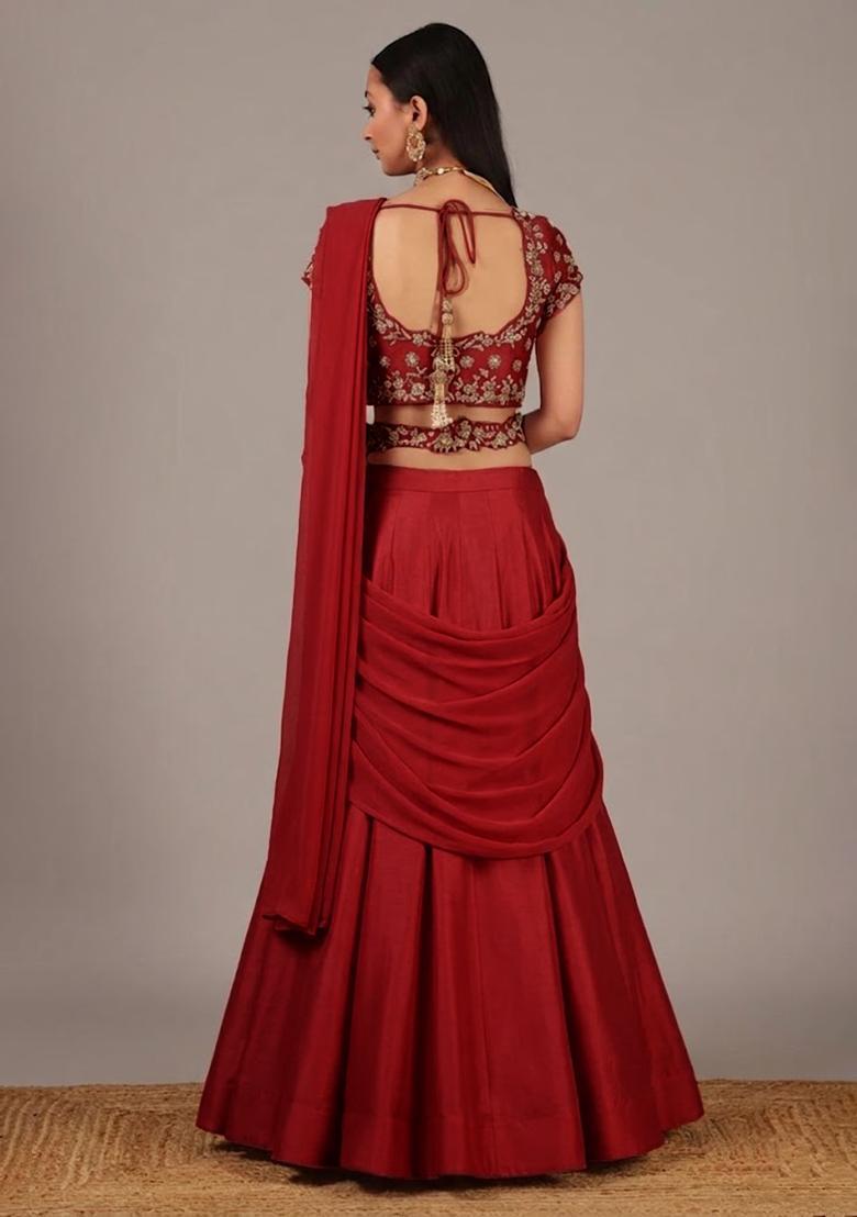 Red Handwork Crepe Lehenga Set - Indya