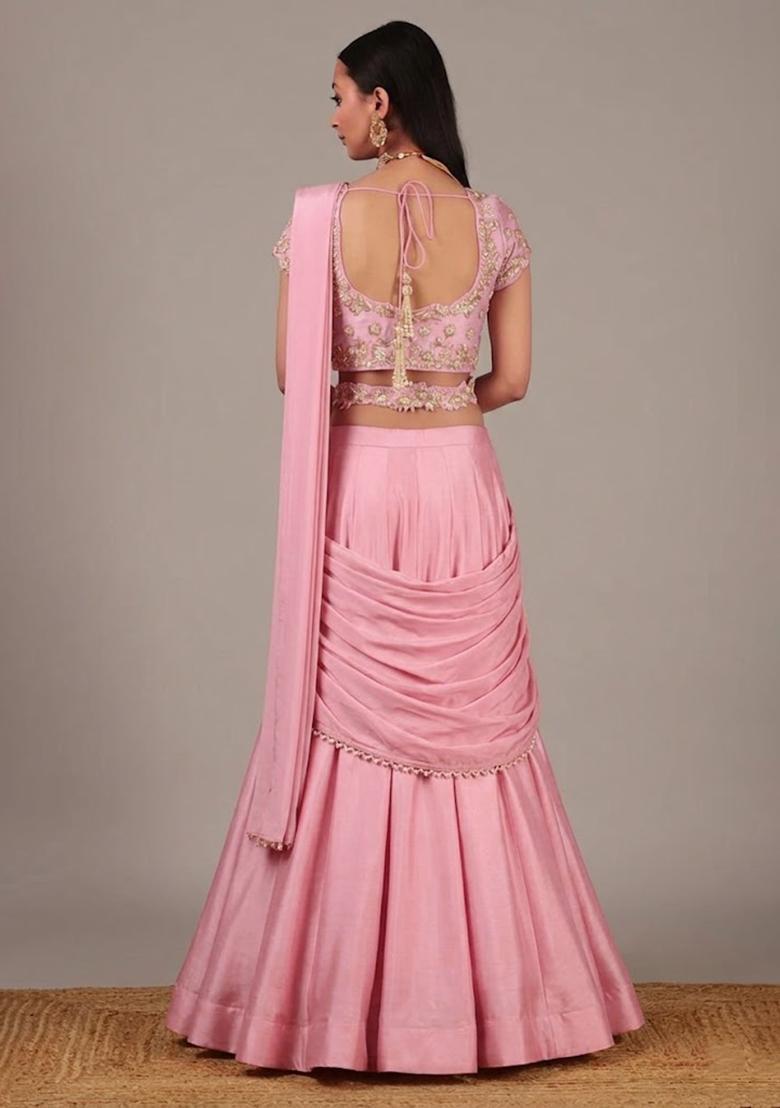Baby Pink Handwork Crepe Lehenga Set - Indya