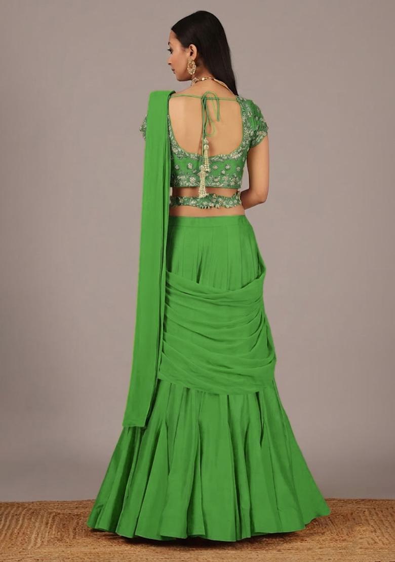 Green Handwork Crepe Lehenga Set - Indya