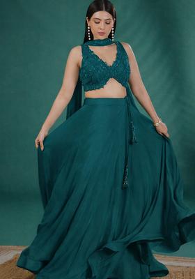 Teal Green Handwork Crepe Lehenga Set