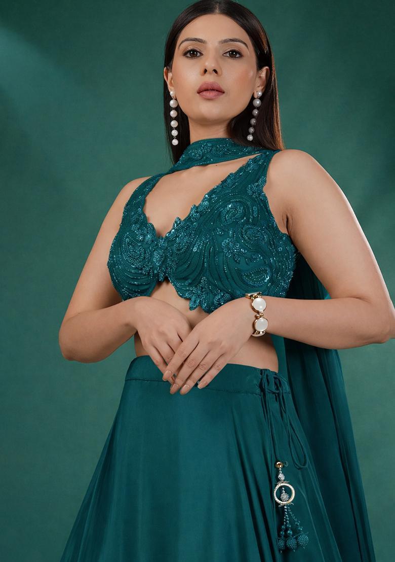Teal Green Handwork Crepe Lehenga Set - Indya