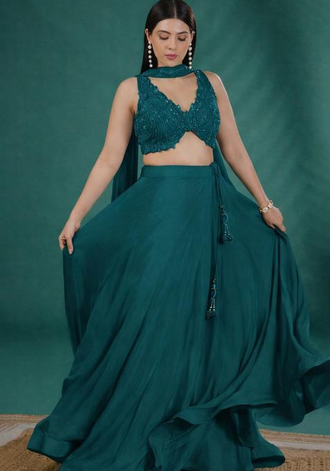 Teal Green Handwork Crepe Lehenga Set