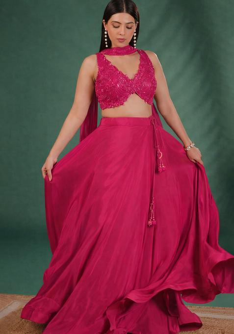 Rani Pink Handwork Crepe Lehenga Set