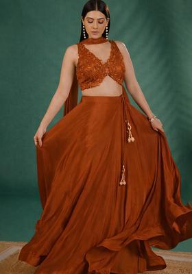 Rust Handwork Crepe Lehenga Set