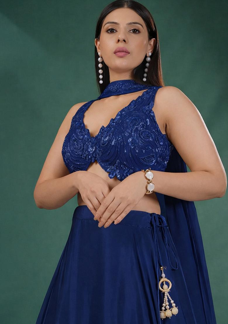 Royal Blue Handwork Crepe Lehenga Set - Indya
