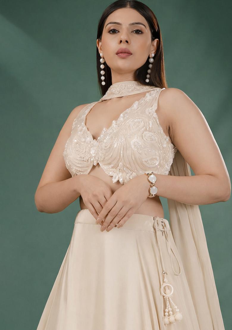 Cream Handwork Crepe Lehenga Set - Indya