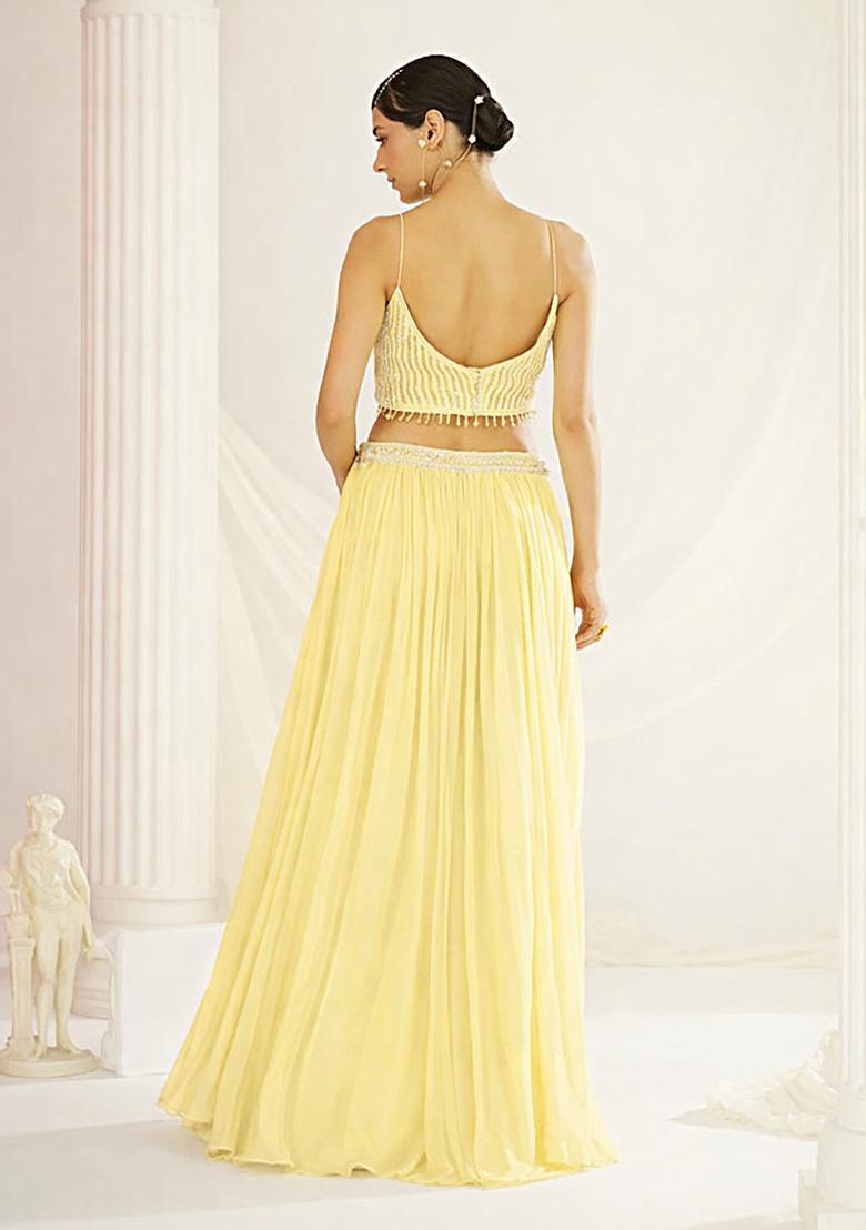Pastel Yellow Handwork Goergette Lehenga Set - Indya