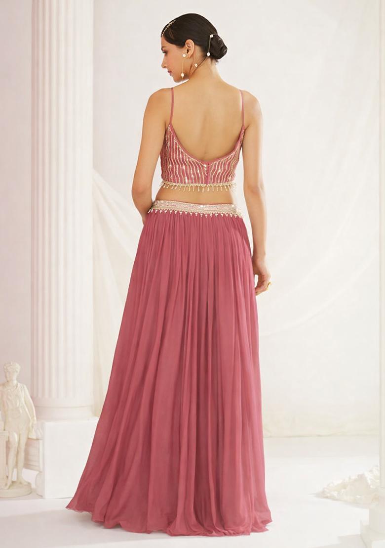 Rose Pink Handwork Goergette Lehenga Set - Indya