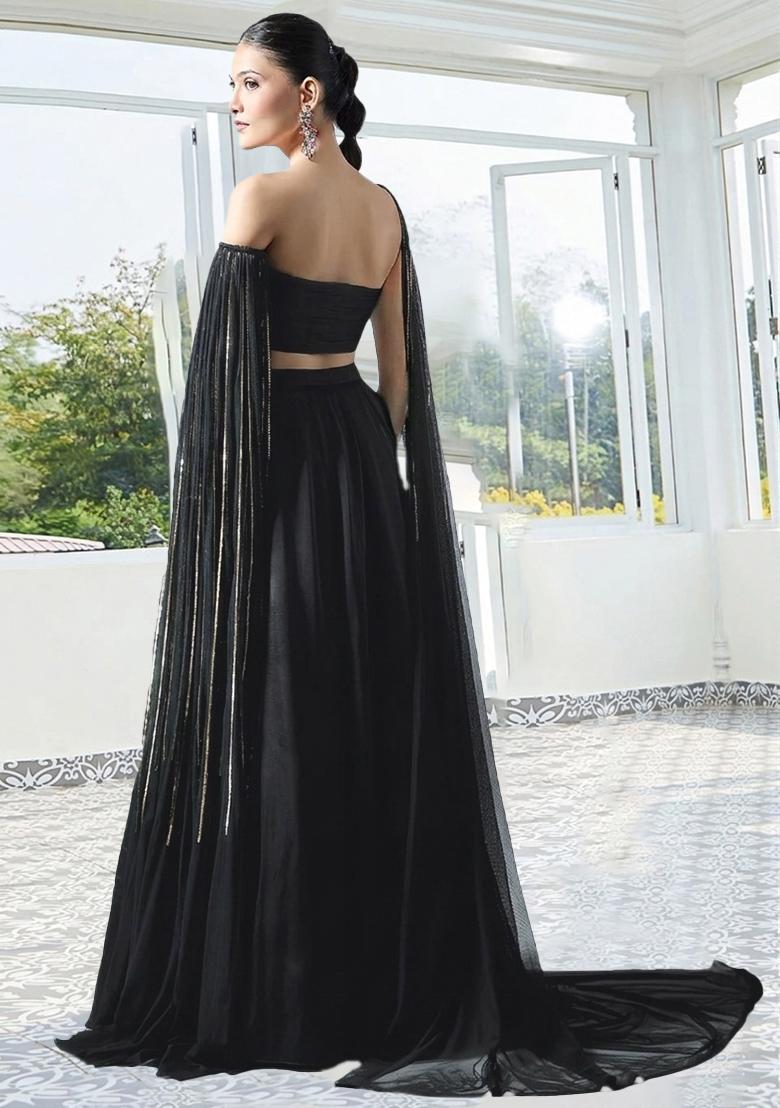 Black Handwork Crepe Lehenga Set - Indya