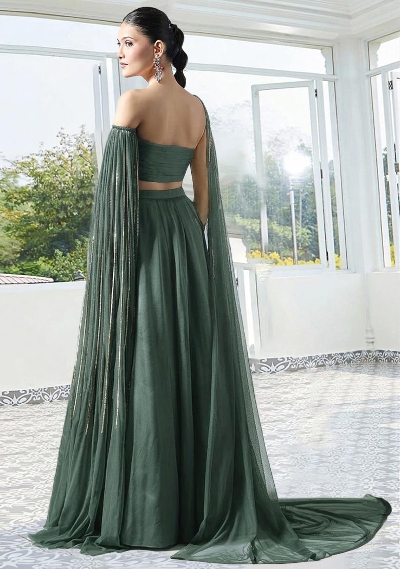 Bottle Green Handwork Crepe Lehenga Set - Indya