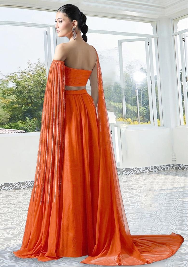 Orange Handwork Crepe Lehenga Set - Indya