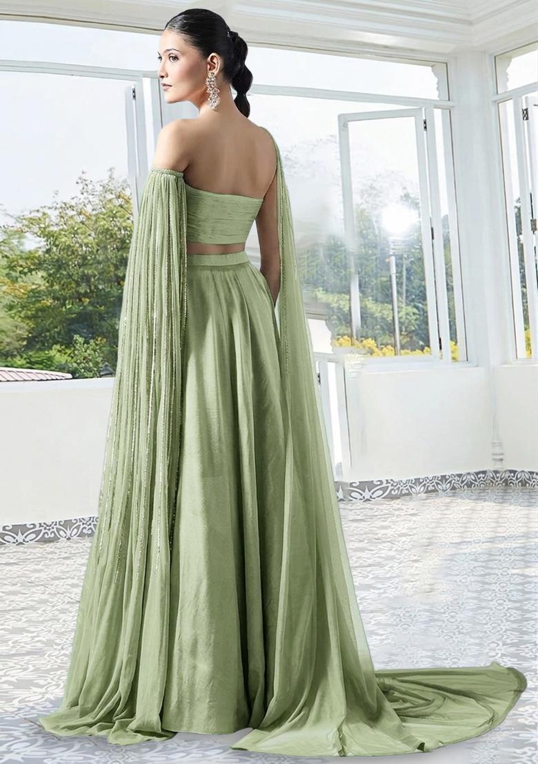 Sage Green Handwork Crepe Lehenga Set - Indya