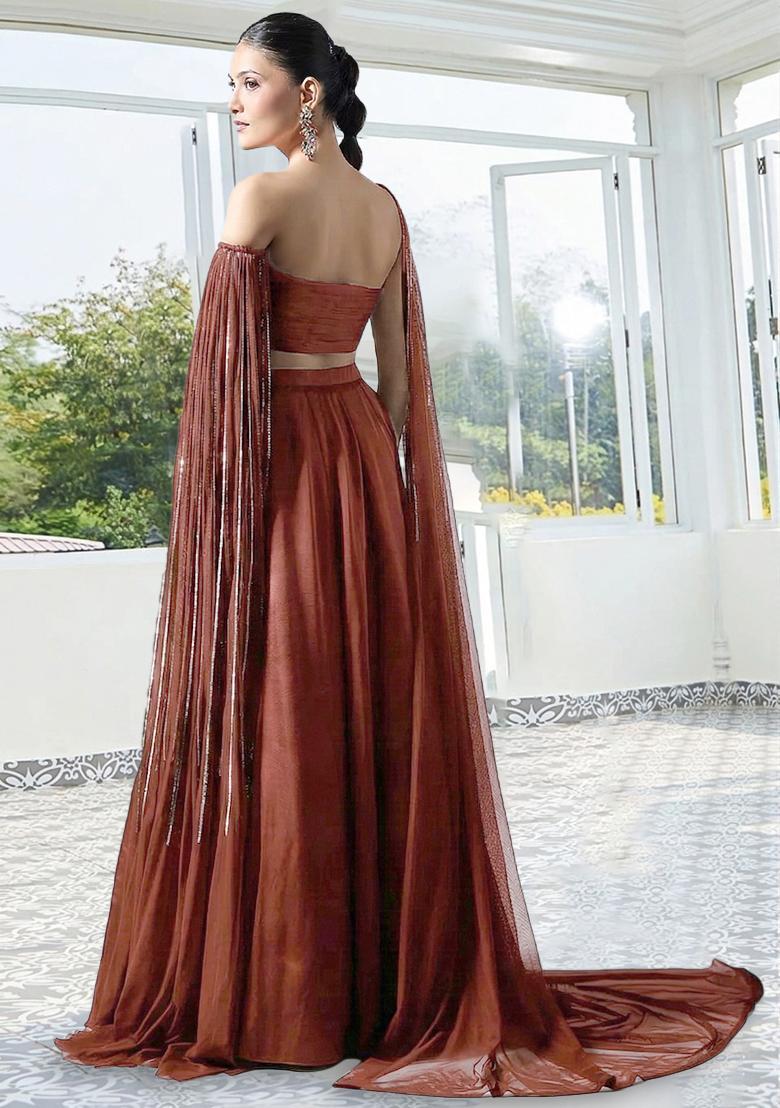 Brown Handwork Crepe Lehenga Set - Indya