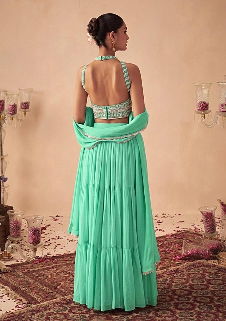Mint Green Handwork Goergette Lehenga Set - Indya