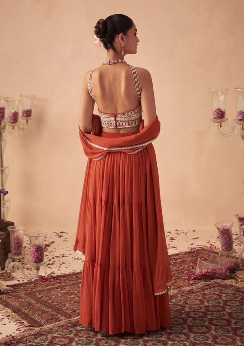 Rust Handwork Goergette Lehenga Set - Indya