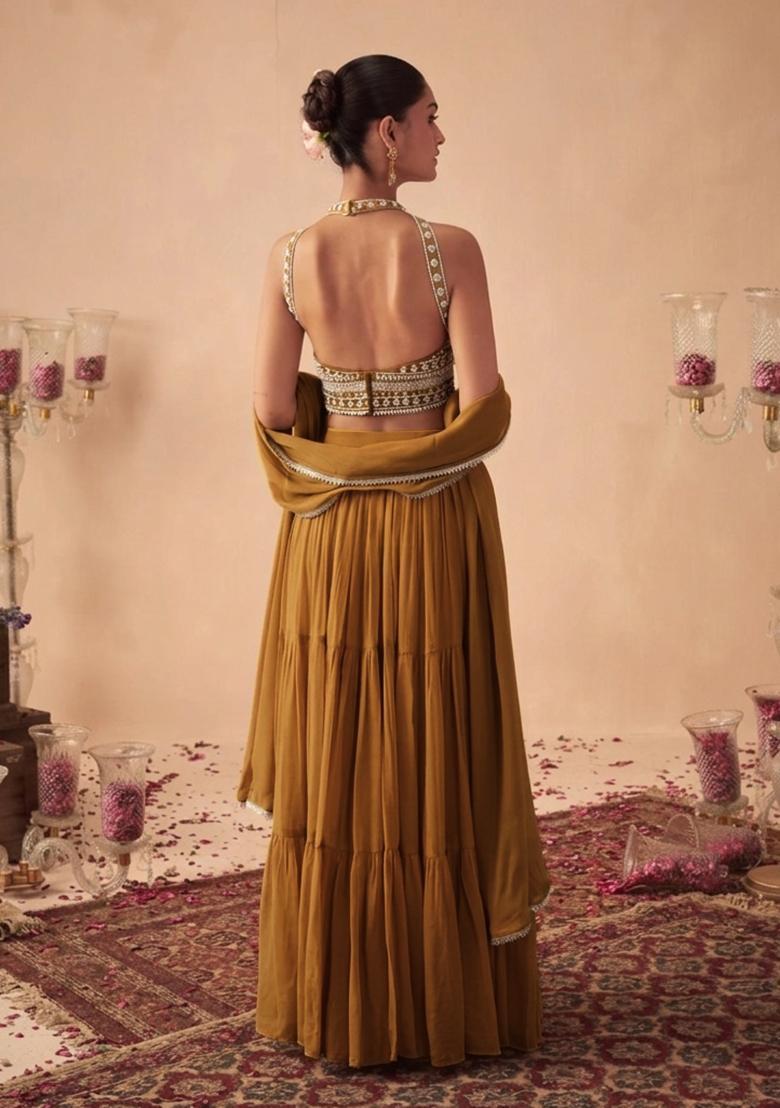 Mustard Handwork Goergette Lehenga Set - Indya