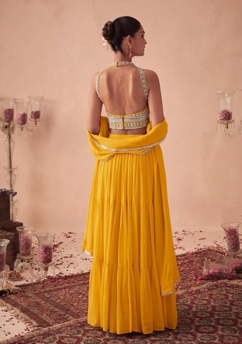 Yellow Handwork Goergette Lehenga Set - Indya