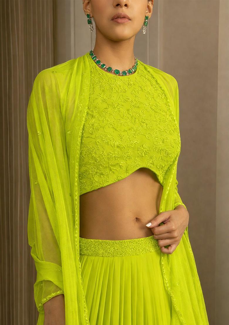 Lime Green Handwork Goergette Lehenga Set - Indya