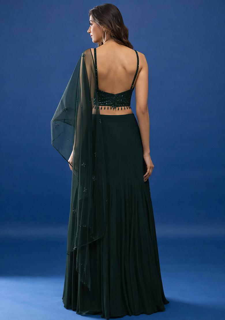 Dark Green Handwork Crepe Lehenga Set - Indya