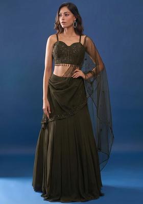 Deep Olive Green Handwork Crepe Lehenga Set
