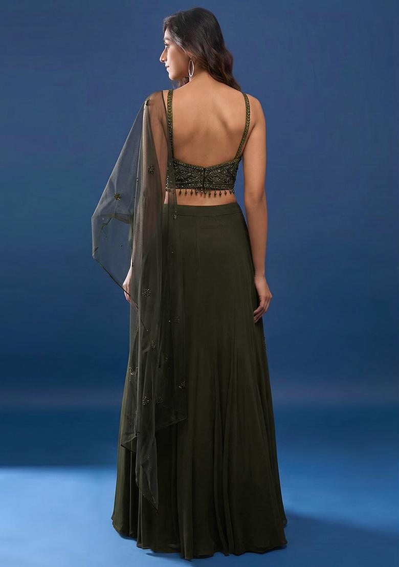 Deep Olive Green Handwork Crepe Lehenga Set - Indya