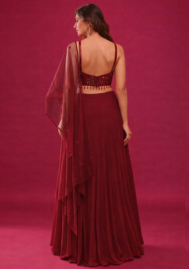 Red Handwork Crepe Lehenga Set - Indya