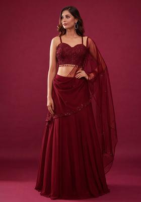 Deep Red Handwork Crepe Lehenga Set