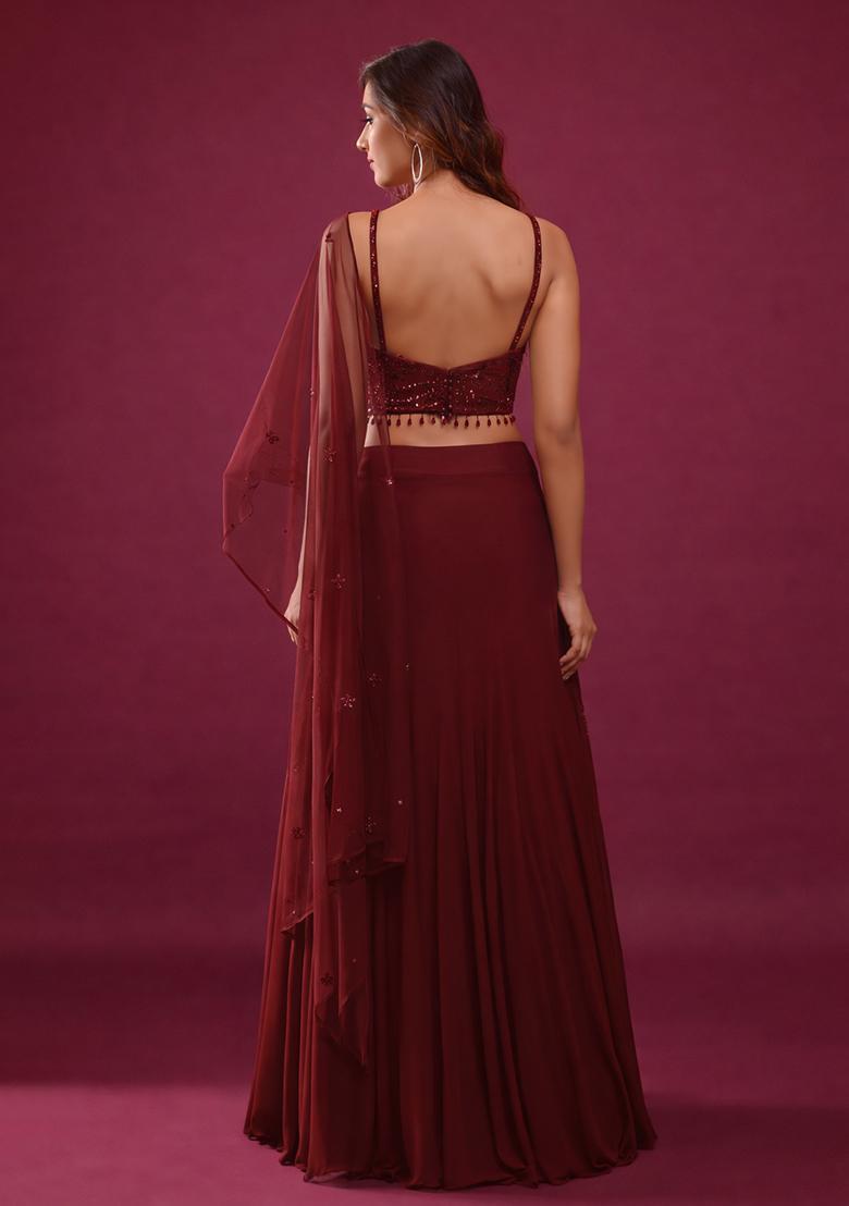 Deep Red Handwork Crepe Lehenga Set - Indya