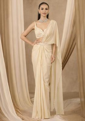 Ivory Handwork Crepe Pre Draped Saree Set