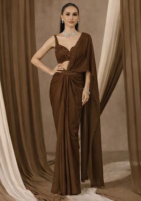 Brown Handwork Crepe Pre Draped Saree Set